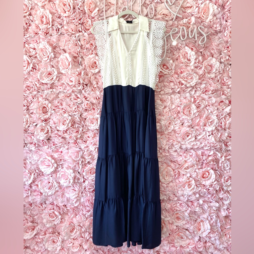 Sandro Navy /White Maxi Dress! Size 38! Like New